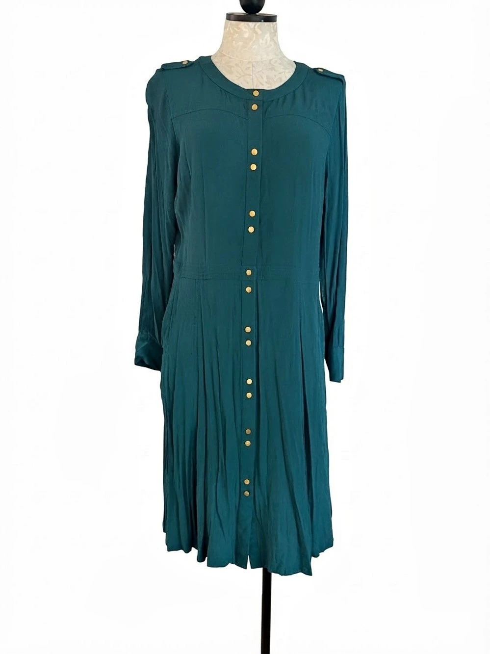 Boden Ashbourne Dress Midi Button-Front Green Size 12 large long sleeved gold